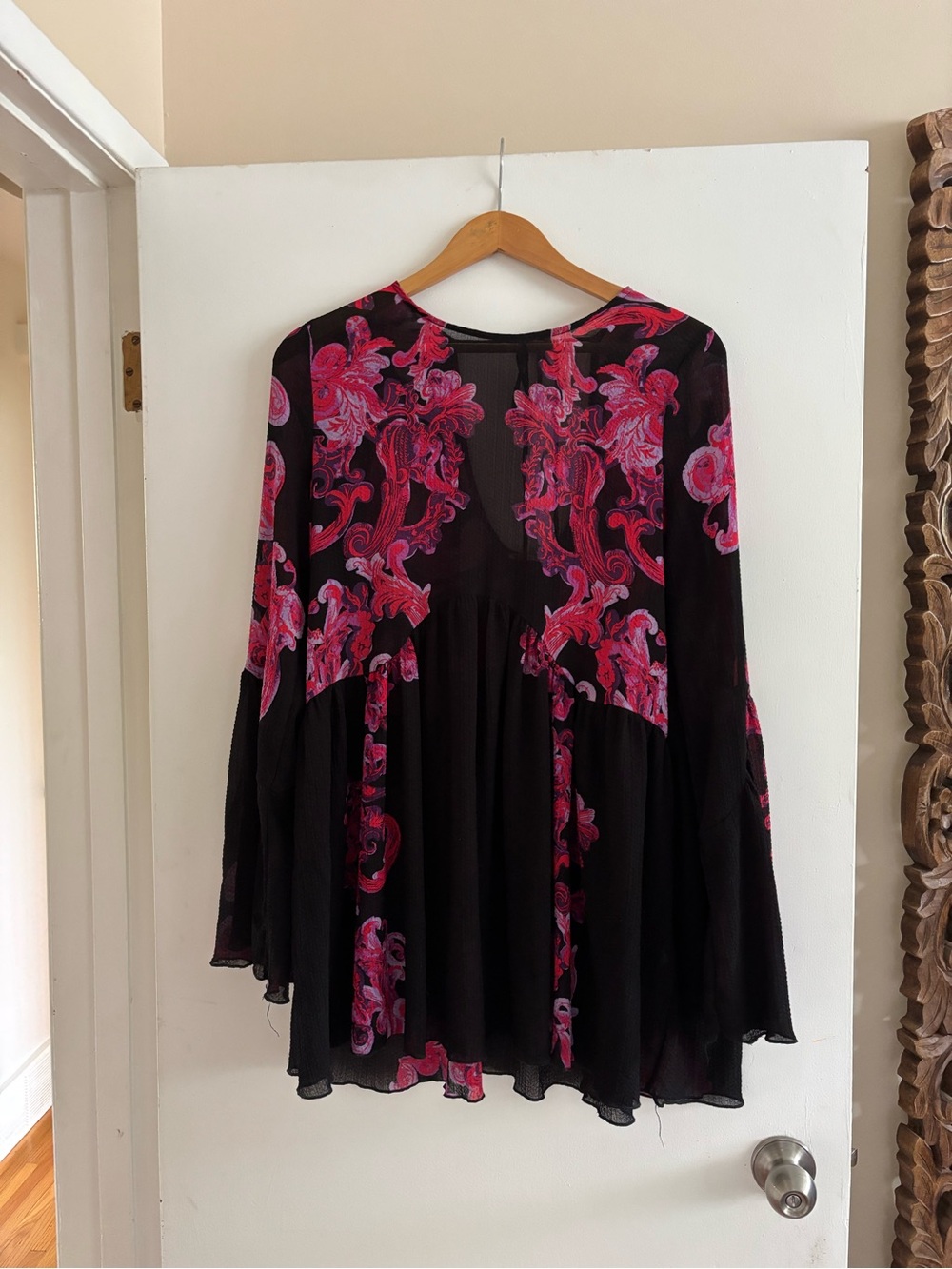 Free People Black Floral Textured Dress with Pink and Purple Blooms